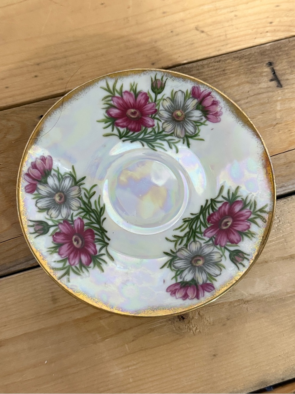 Vintage Ucagco Lusterware Plate Pink Floral Iridescent Porcelain Trinket Dish